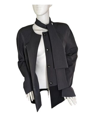 Preston & York Jacket Blazer Women's Size 6 Gray Black Snap Front Neck Tie 05